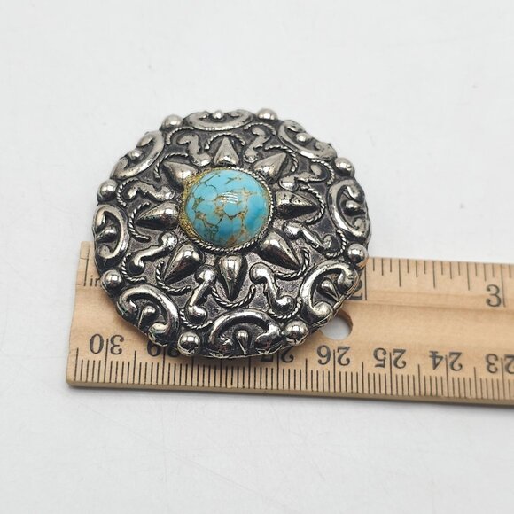 Vintage Silver Tone Medallion Brooch With Faux Turquoise Glass Cabochon - Picture 4 of 4